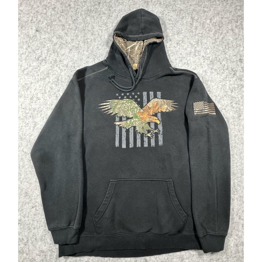 Buck Wear Hoodie Mens XL Black Camo Eagle American Flag Graphic Fleece Pullover